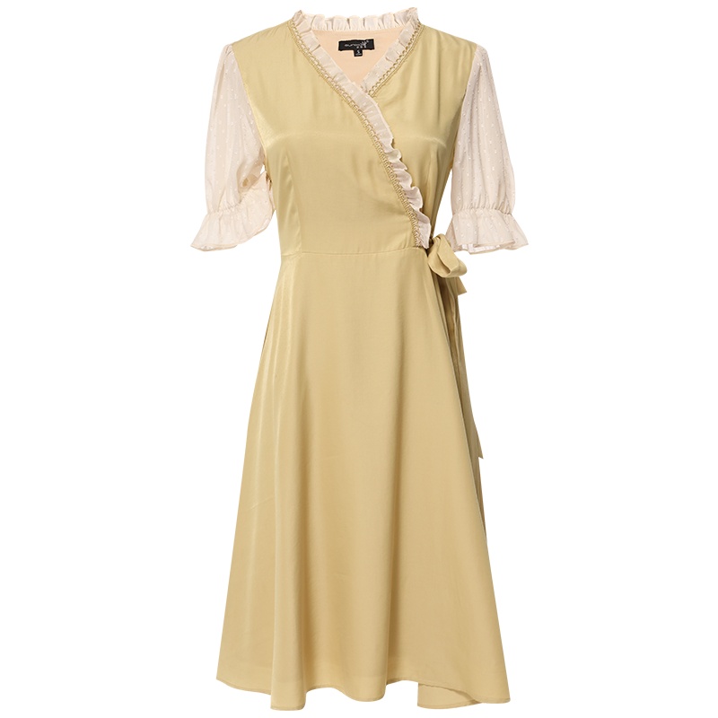 欧昵雪夏季花边V领拼接木耳边收腰连衣裙女喇叭短袖中裙