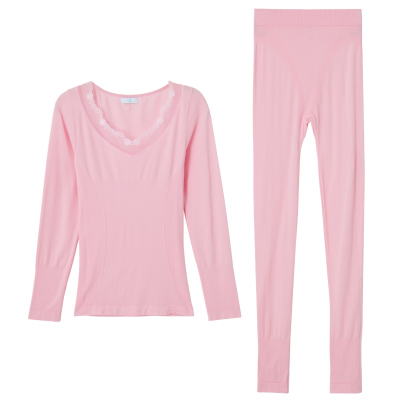 爱帝秋冬女士秋衣秋裤蕾丝V领美体基础款保暖打底内衣套装