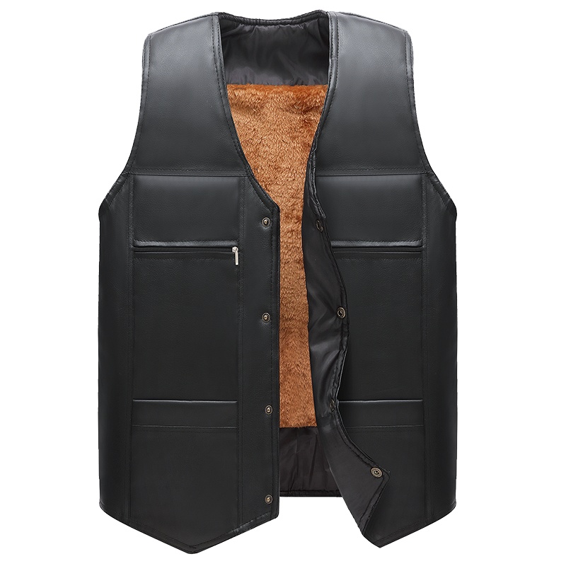 冬装新品皮马甲男加绒加厚中老年爸爸装加绒毛内胆PU皮马甲男户外钓鱼摄影马夹男坎肩背心