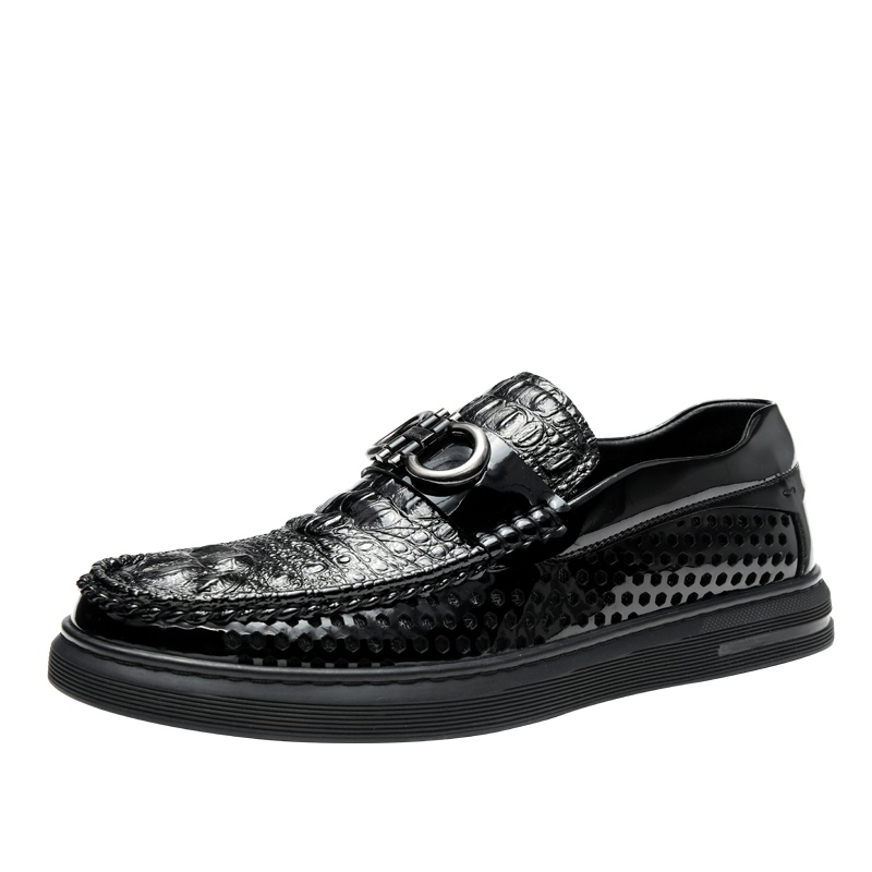 兽霸2019夏款新品英伦漆皮休闲男鞋镂空亮皮豆豆鞋套脚亮面凉皮鞋