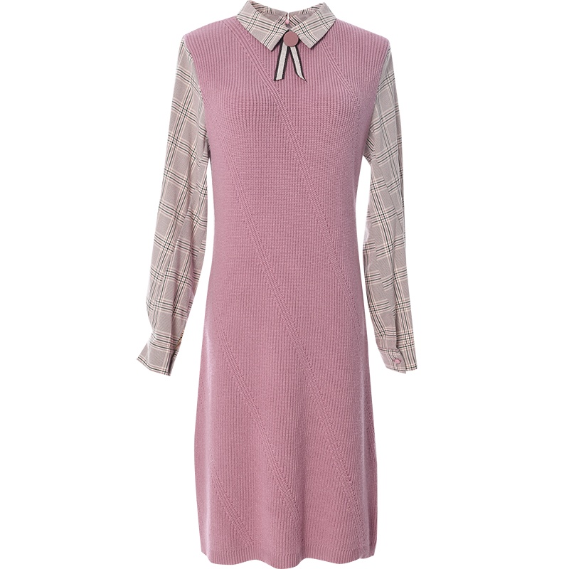 欧昵雪Polo领收腰针织连衣裙女假两件格子长袖毛衣裙