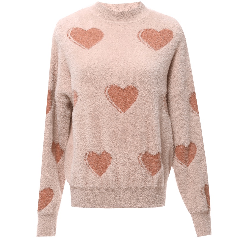 欧昵雪秋冬季半高领爱心图案宽松毛绒绒针织衫女套头毛衣