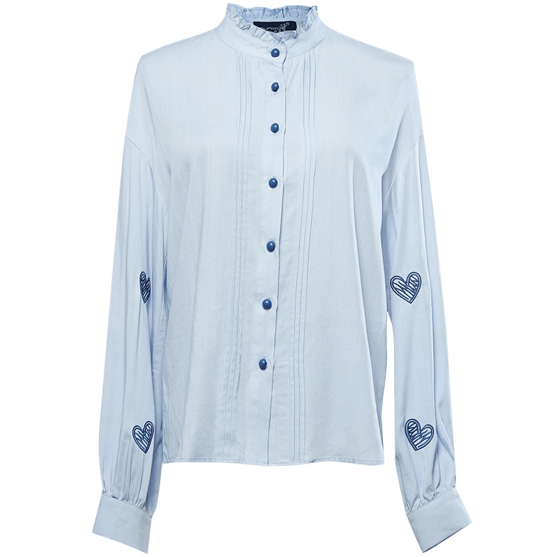 欧昵雪木耳边立领绣花爱心长袖衬衫女显瘦设计感上衣