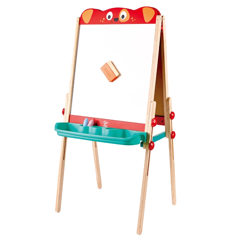 Hape小狗双面画架3-6岁儿童画板木制双面磁性小黑板白板实木可升降可拆卸储物画架绘画工具益智玩具送板擦粉笔颜料盒