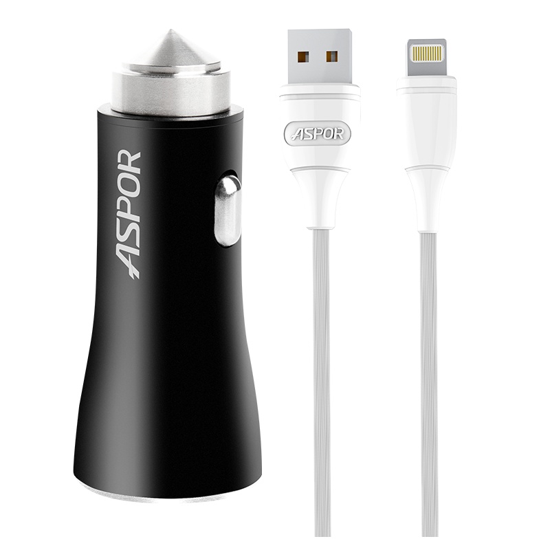 ASPOR A918 IPHONE 车载充电器3.4A 2合1组合配IPHONE数据线车充带灯2USB 黑色