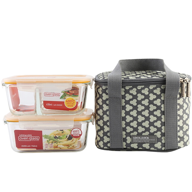 乐扣乐扣(LOCK&LOCK)微波炉饭盒玻璃保鲜盒套装 三叶草便当包 LLG429S910 740+630ml