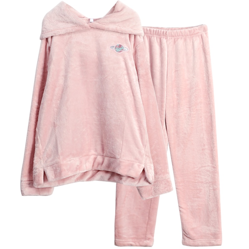 红豆居家法兰绒居家服舒适柔软连帽休闲女士睡衣居家服两件套