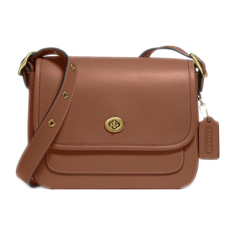 Coach 蔻驰 女士棕色金色旋扣皮质斜挎包 89127B4L4A