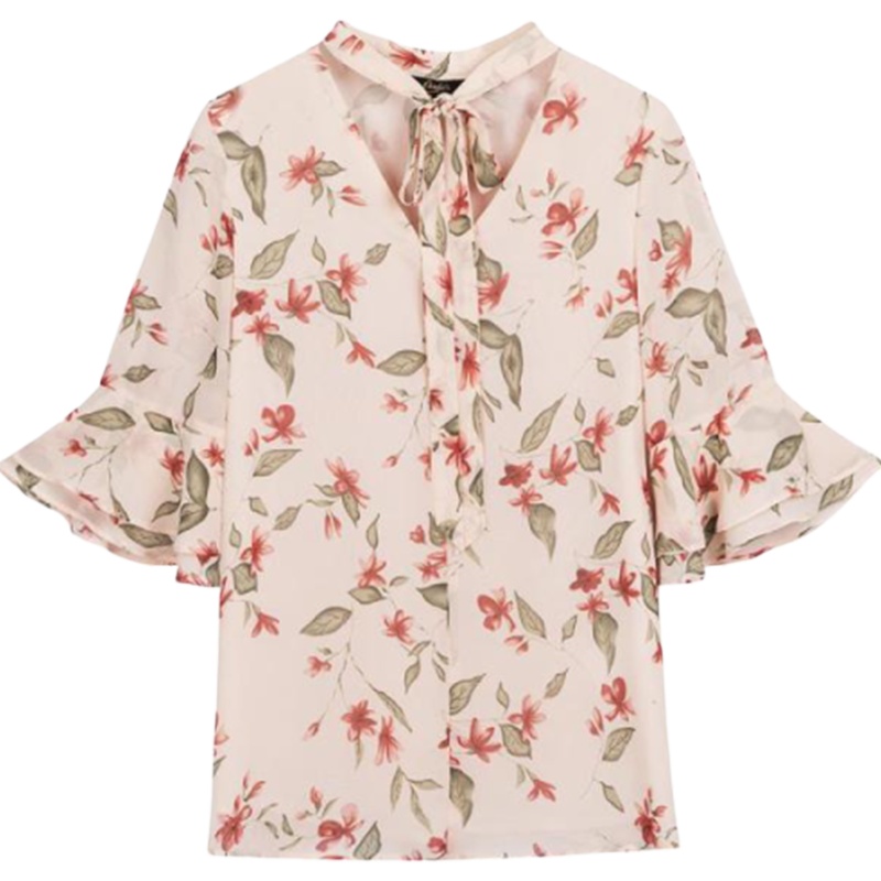 【专柜同款】拉夏贝尔雪纺衬衫女2020新款夏季韩版印花小清新上衣系带荷叶袖复古休闲百搭30082661