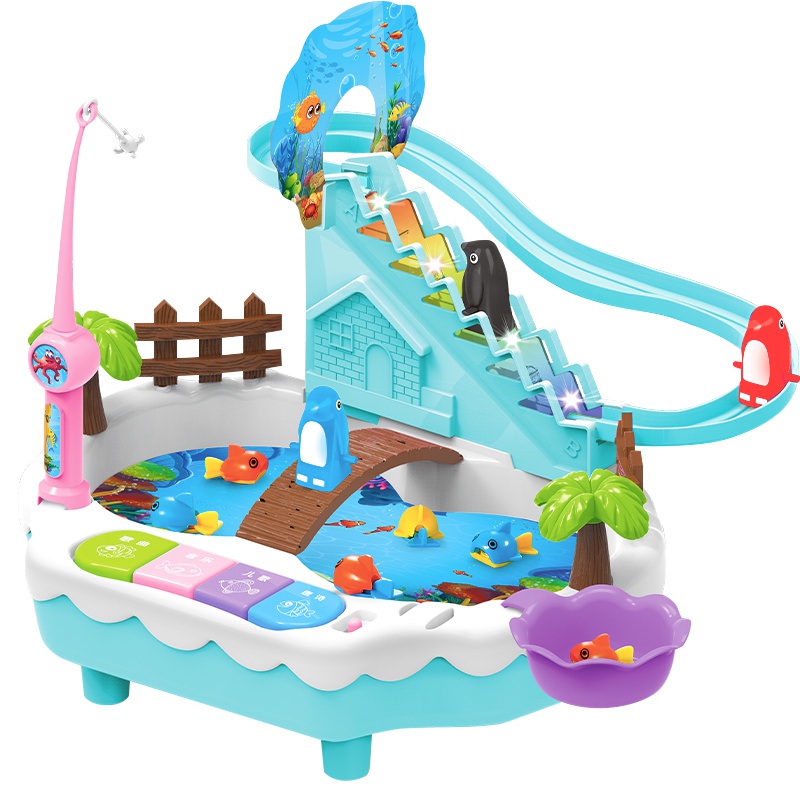 儿童钓鱼玩具池套装电动磁性鱼小孩2-3岁宝宝1竿捞鱼早教益智女孩普通电池款王子蓝轨道+钓鱼