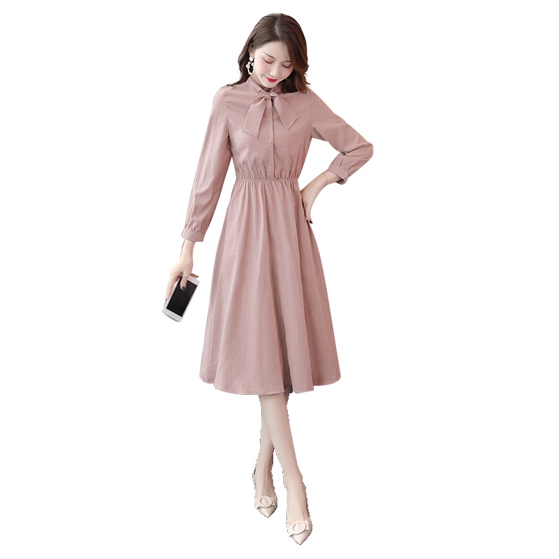 丝柏舍2020春装女时尚纯色长袖收腰中长款连衣裙S01R0068L