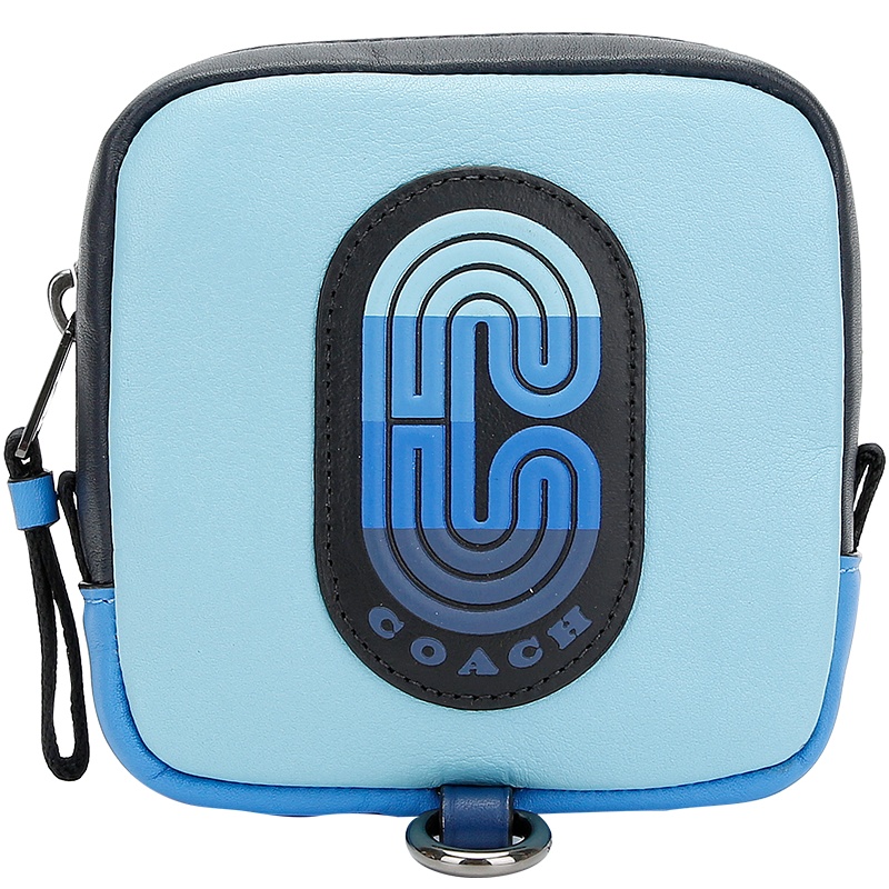 COACH 蔻驰 奢侈品 中性男女同款LOGO字母蓝色拼色皮革手拿包零钱包包包挂饰 91230 QBBLM