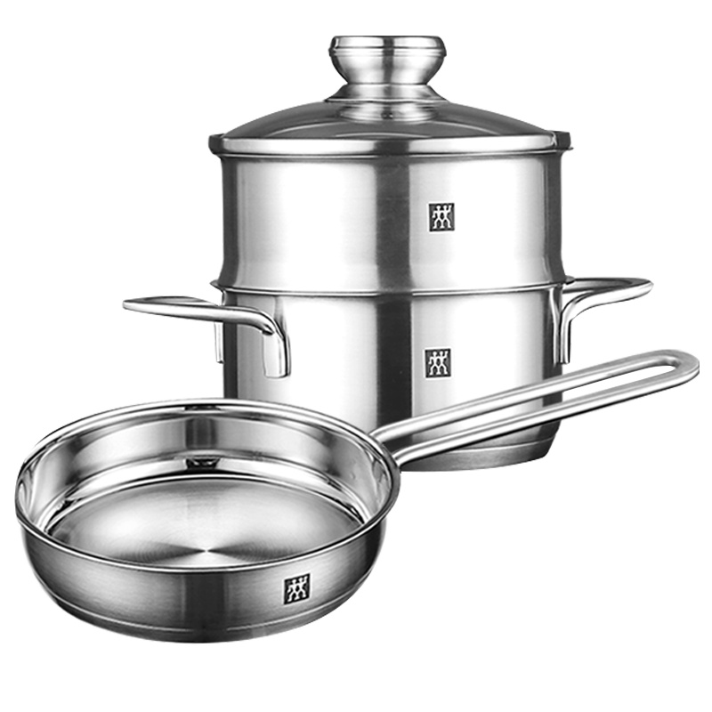 德国双立人(ZWILLING)不锈钢平底锅奶锅蒸笼3件套 家用汤锅宝宝辅食锅煎锅