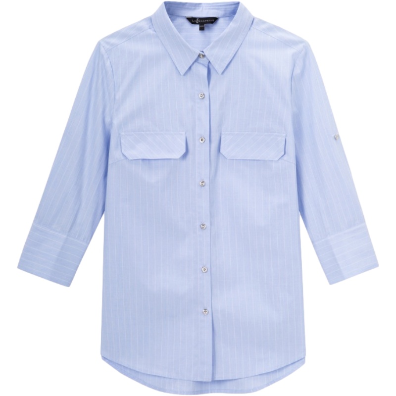 拉夏贝尔新款女装夏季蓝白条纹棉衬衫洋气小众设计感职业v领上衣潮