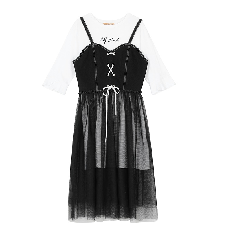 妖精的口袋2019秋新款两件套网纱拼接连衣裙很仙的套装韩版吊带裙