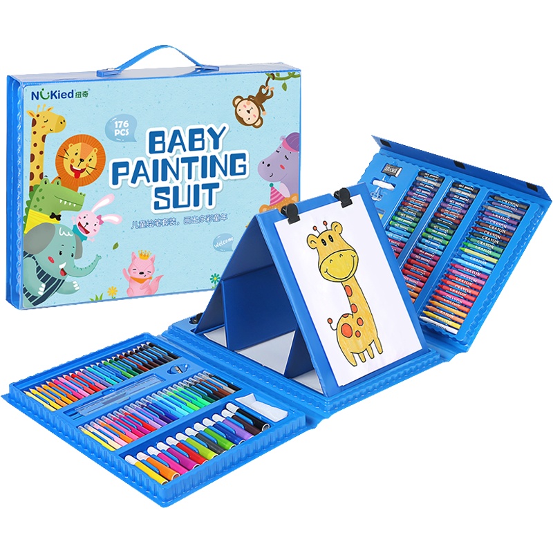 纽奇(Nukied)儿童画笔套装益智玩具带画板水彩笔蜡笔铅笔画笔调色盘彩铅油画棒手提美术 绘画套装176PCS[天空蓝]