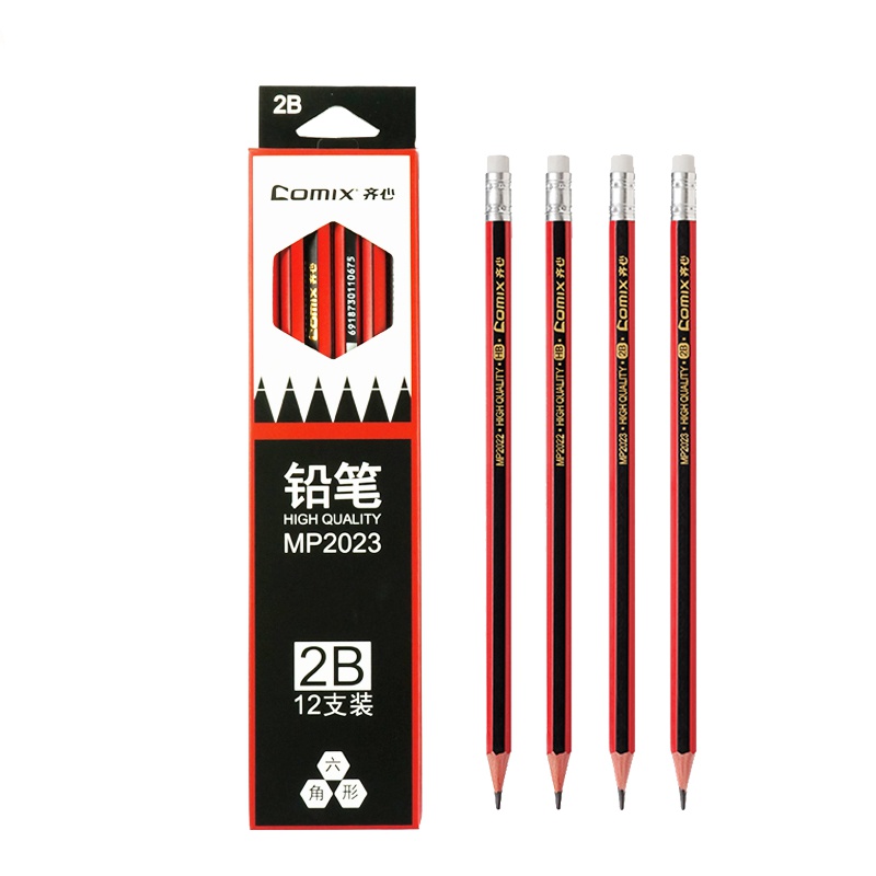 齐心(Comix)MP2023 2B六角木杆铅笔带橡皮12支/盒 3盒装 考试铅笔 素描铅笔 学生写字铅笔 绘画铅笔 办