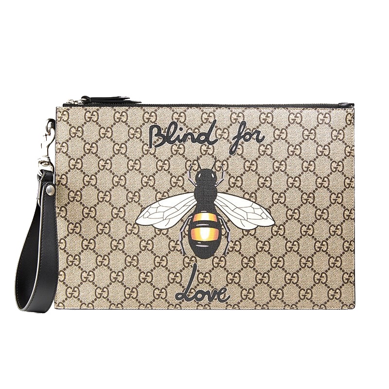 [海外直邮]GUCCI古驰2019新款棕色男女同款蜜蜂印花中号手拿包473904 9CD1N 8666