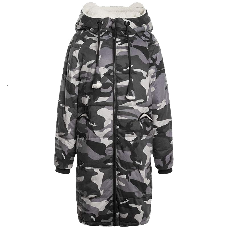 拉夏贝尔冬新款bf迷彩连帽中长款厚实棉服棉袄女韩版潮2T010835