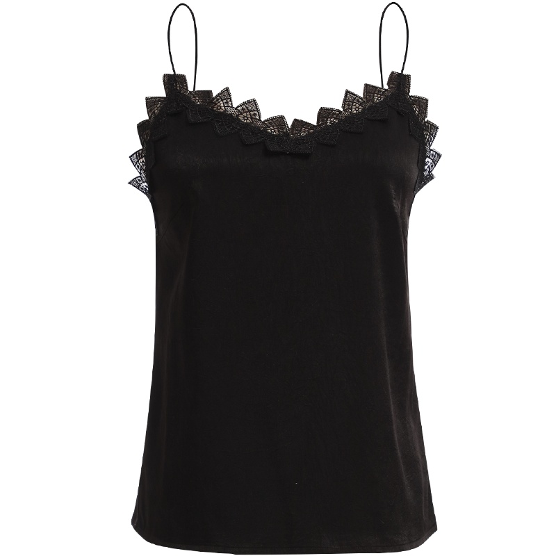 欧昵雪秋季花边拼接V领吊带打底衫女气质无袖背心吊带衫