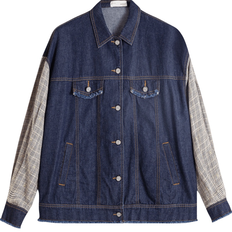 茵曼短外套女2019秋季新款个性撞布拼接落肩袖宽松女装牛仔上衣