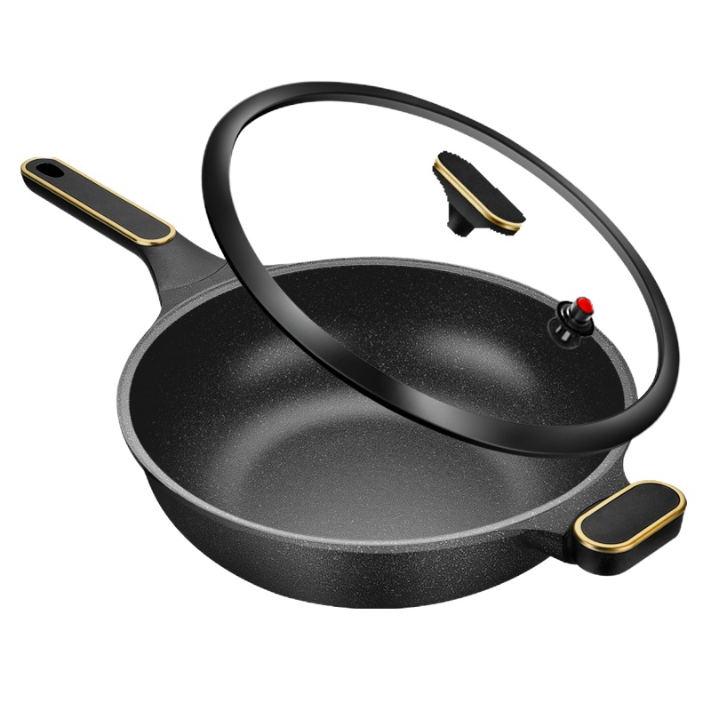 麦饭石不粘锅炒锅家用无烟炒菜锅电磁炉燃煤气灶适用无涂层平底锅金典28cm炒锅+普通盖+不锈钢蒸笼