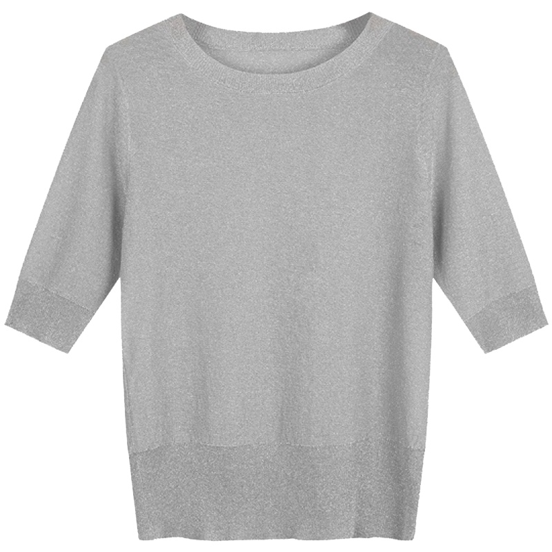 【专柜同款】拉夏贝尔夏新女装韩版学生百搭轻薄款五分袖纯色圆领打底针织衫女 银色 S