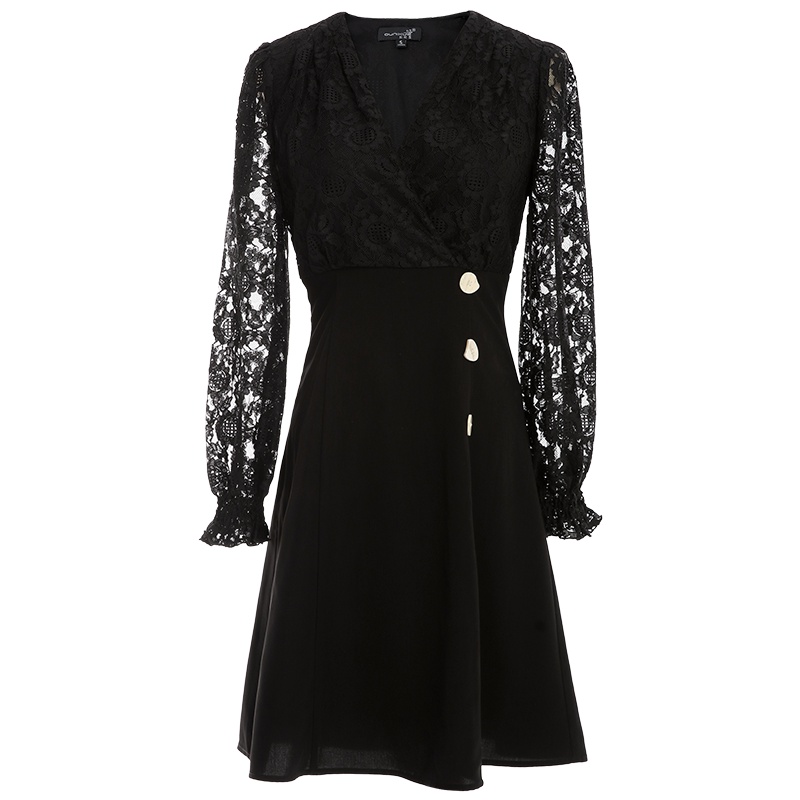 欧昵雪v领高腰蕾丝拼接件连衣裙女长袖收腰a字裙