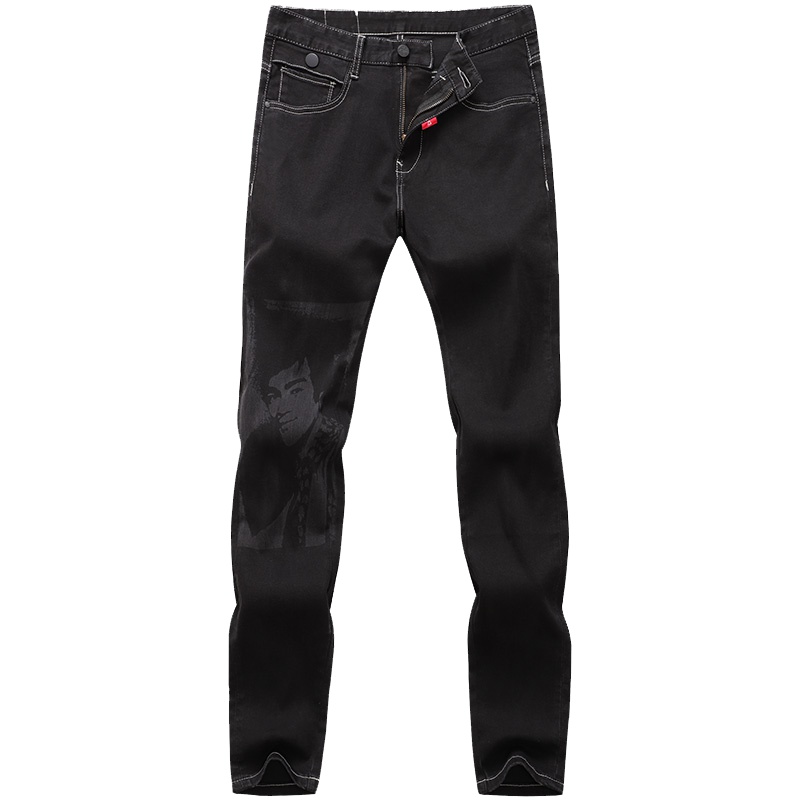 马克华菲牛仔裤男2019韩版修身小脚秋季黑色印花休闲潮牌裤子潮流