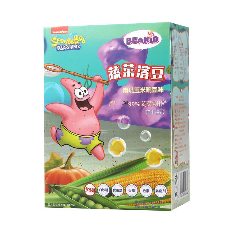 beakid 海绵宝宝蔬菜溶豆 儿童零食 南瓜玉米豌豆味 24g 盒装