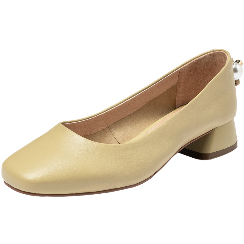 百田森秋季新款奶奶鞋女方头珍珠浅口单鞋低跟粗跟真皮女鞋