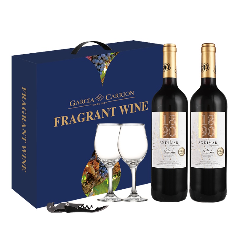 西班牙原瓶进口红酒 ANDIMAR爱之湾1890金标红葡萄酒 双支礼盒装750ml*2 享酒杯海马刀