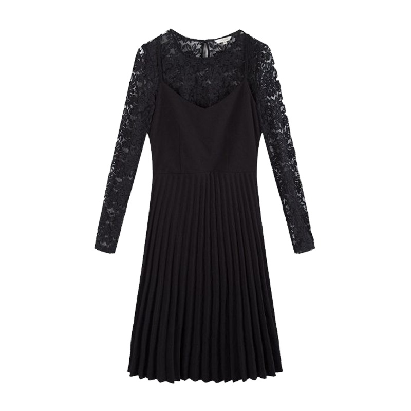 拉贝缇秋季连衣裙两件套新款韩版性感黑蕾丝中长百褶长袖60006136
