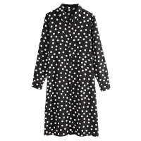 云上生活春秋装简约文艺中长款复古黑白波点收腰连衣裙