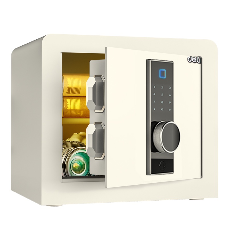 得力(deli)33167指纹密码保管箱米白 高35.5cm电子防盗保险柜办公资料收纳柜床头柜式保险箱智能全钢防盗保管箱