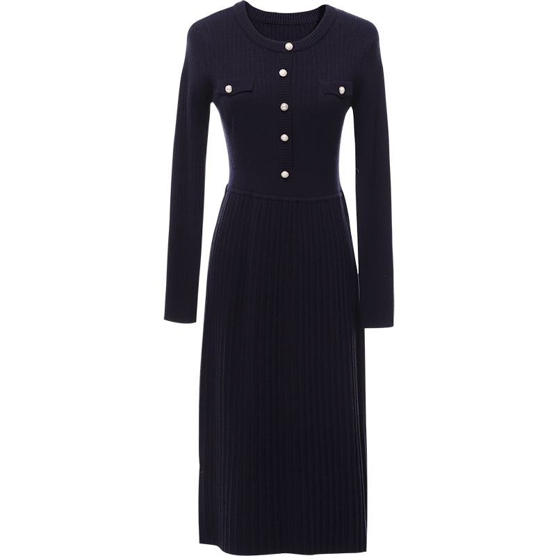 欧昵雪圆领收腰打底针织连衣裙女长袖百褶a字毛衣裙