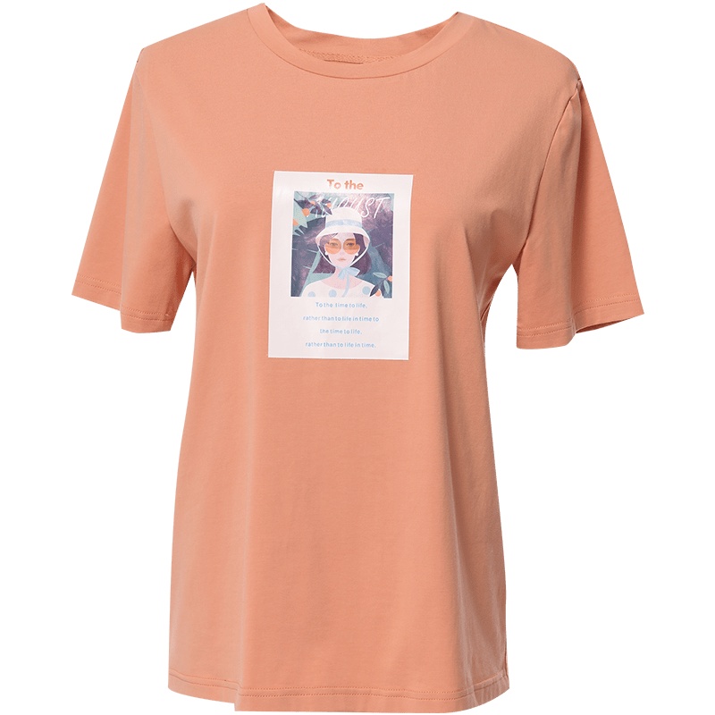 欧昵雪休闲套头圆领人像字母烫图显瘦T恤女短袖上衣