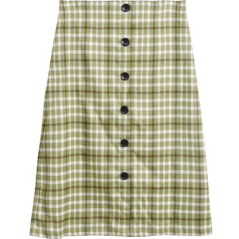OSA欧莎2019新款夏格子a字半身裙高腰中长款绿色裙子女显瘦小清新