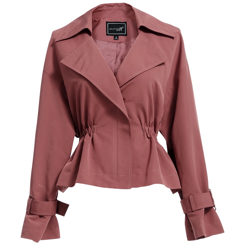 欧昵雪时尚小个子翻领长袖短款风衣女收腰显瘦外套