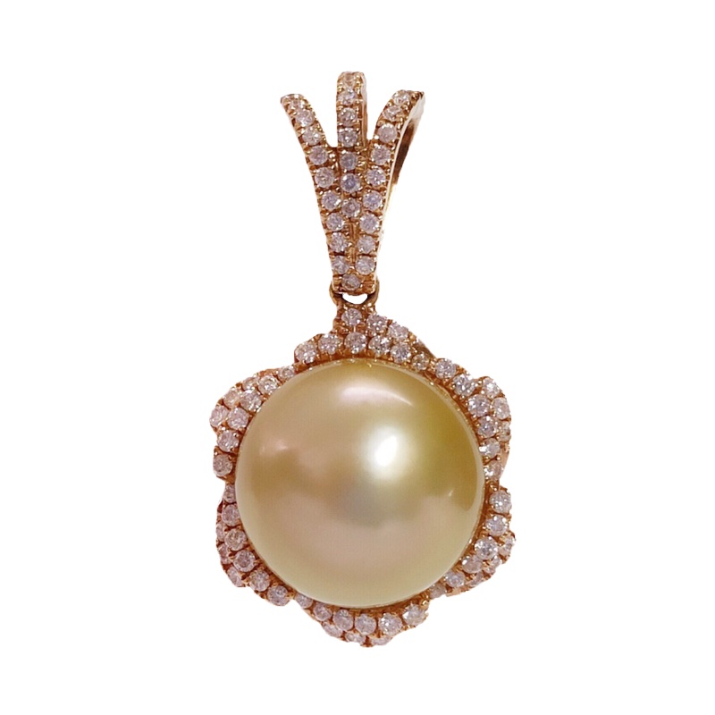 缘源珠宝 天然海水金珍珠吊坠 18K金铺镶钻石吊坠11mm 女款送证书 不含链