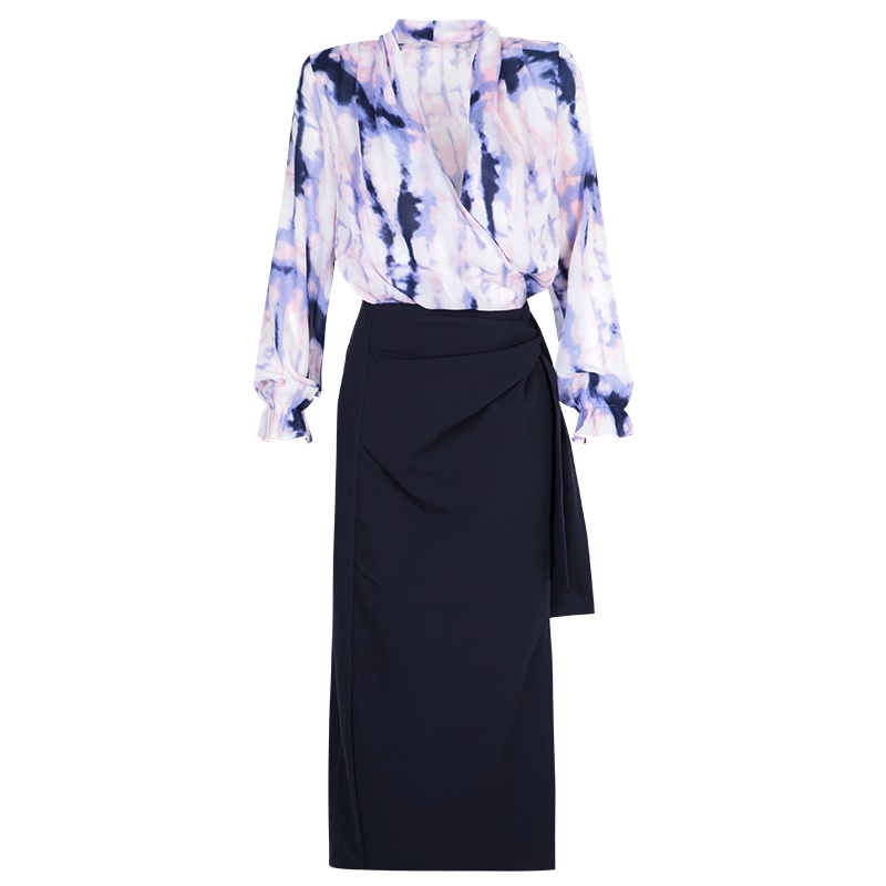 晚白2021春季新品两件套印花雪纺衫衬衫高腰包臀裙时尚套装裙女