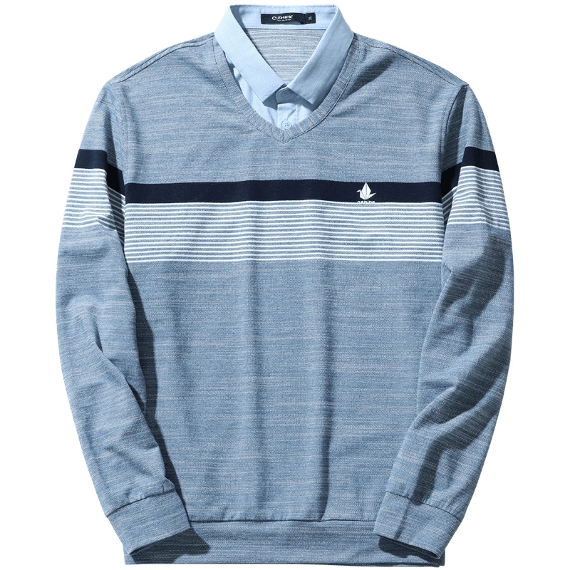 千纸鹤男装2019秋季青年商务休闲假两件套头条纹卫衣男15197