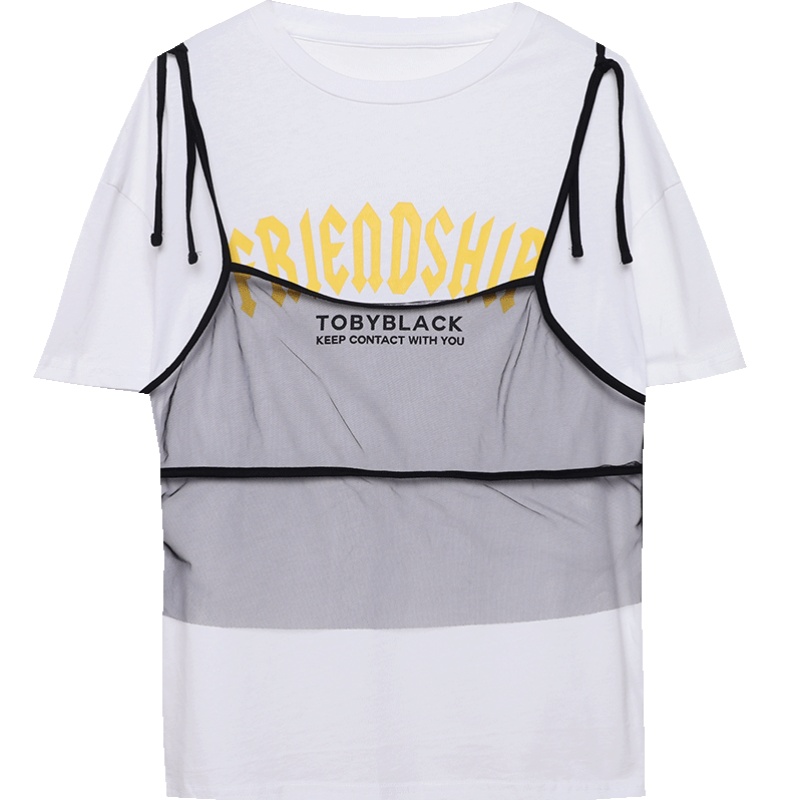 a02新款2020网纱吊带衫字母印花两件套短袖T恤女DTV2D0951KT