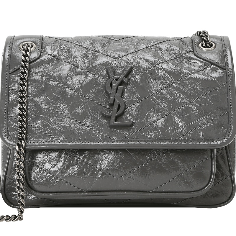 YSL 圣罗兰 NIKI 单肩包 斜挎包 口盖包迷你 字母LOGO褶皱皮633160银链