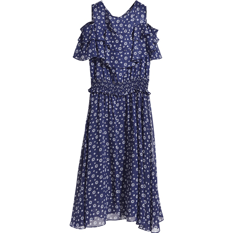 娅丽达女装2019夏季新款雪纺连衣裙中长款圆领高腰甜美公主裙子I6320