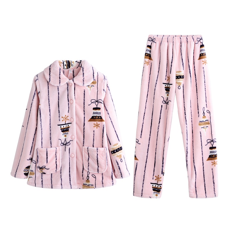 双面珊瑚绒印泥点铃铛国民领长袖女套装