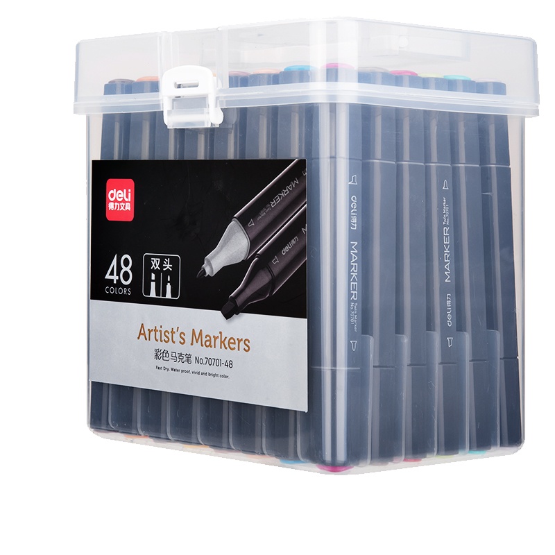 得力双头彩色48色装马克笔套装小学生用美术专业手绘漫画笔初学者48色绘画儿童设计动漫笔全套油性水彩笔70701-48