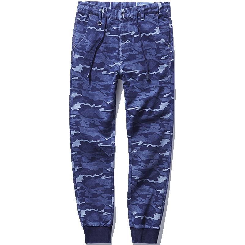 马克华菲男装春季新款蓝色迷彩印花束脚男式牛仔九分裤