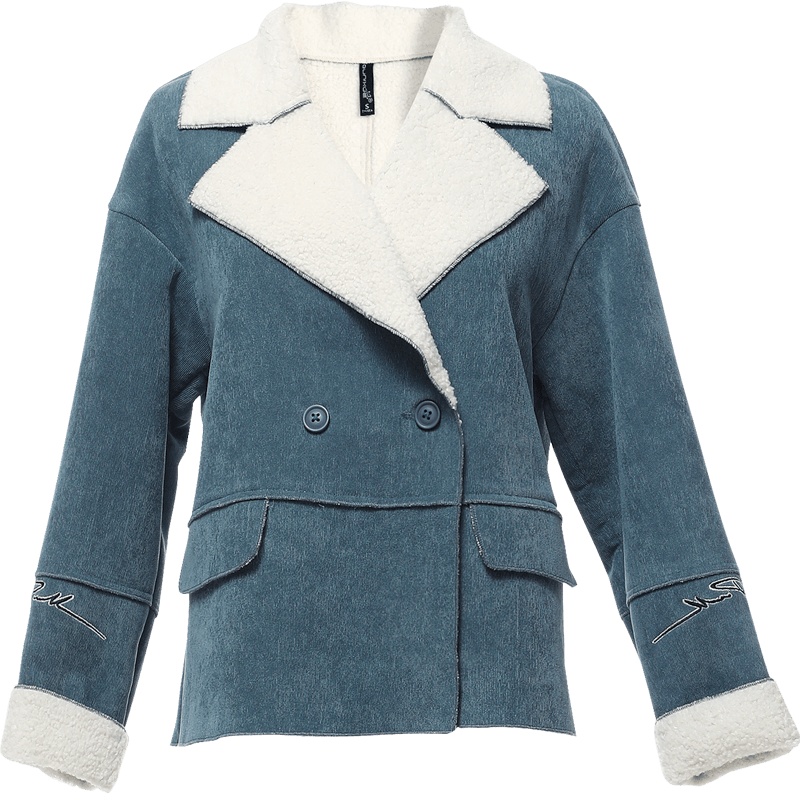 欧昵雪秋冬季翻领字母绣花九分袖灯芯绒短款加绒外套女