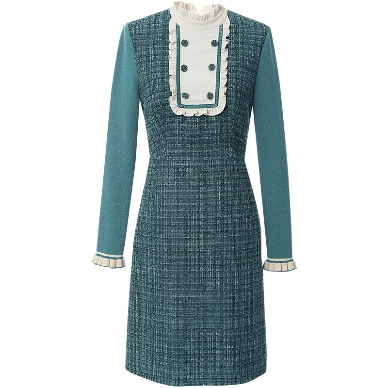 OUNIXUE欧昵雪 | [复古木耳边拼接A字裙]秋冬季立领雪尼尔粗纺修身连衣裙女